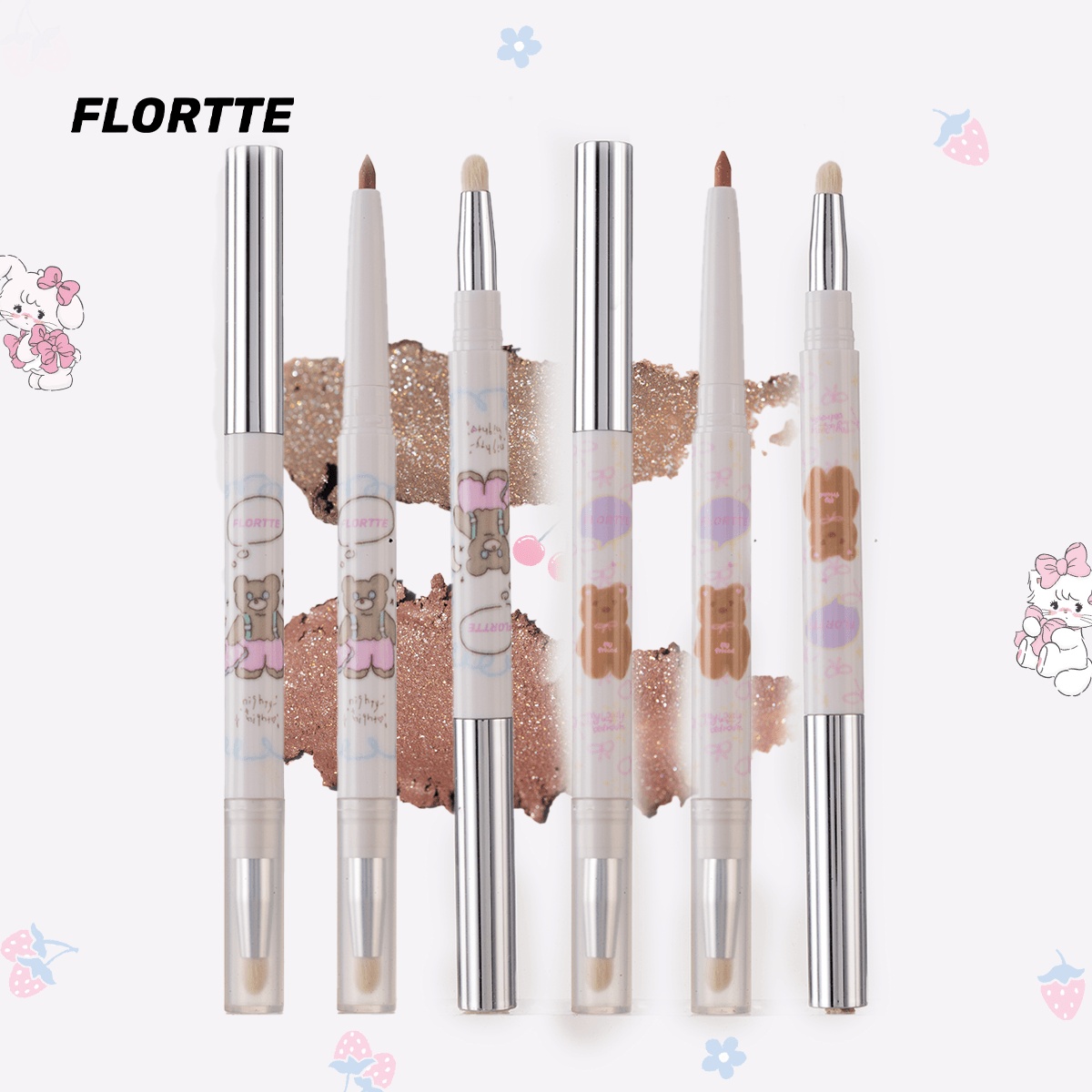 FLORTTE Glitter Eye Liner 200mg Bread Bear＆ Me Series Double-ended Gel Eyeliner Pencil Eyeshadow - Peachy Glam