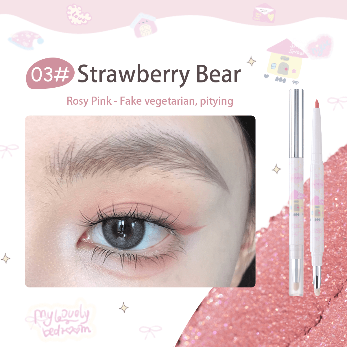 FLORTTE Glitter Eye Liner 200mg Bread Bear＆ Me Series Double-ended Gel Eyeliner Pencil Eyeshadow - Peachy Glam