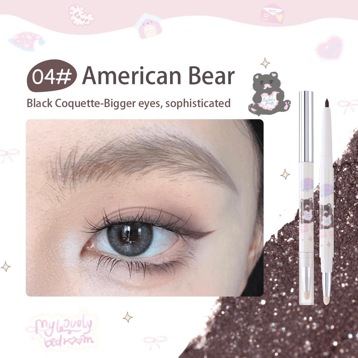 FLORTTE Glitter Eye Liner 200mg Bread Bear＆ Me Series Double-ended Gel Eyeliner Pencil Eyeshadow - Peachy Glam