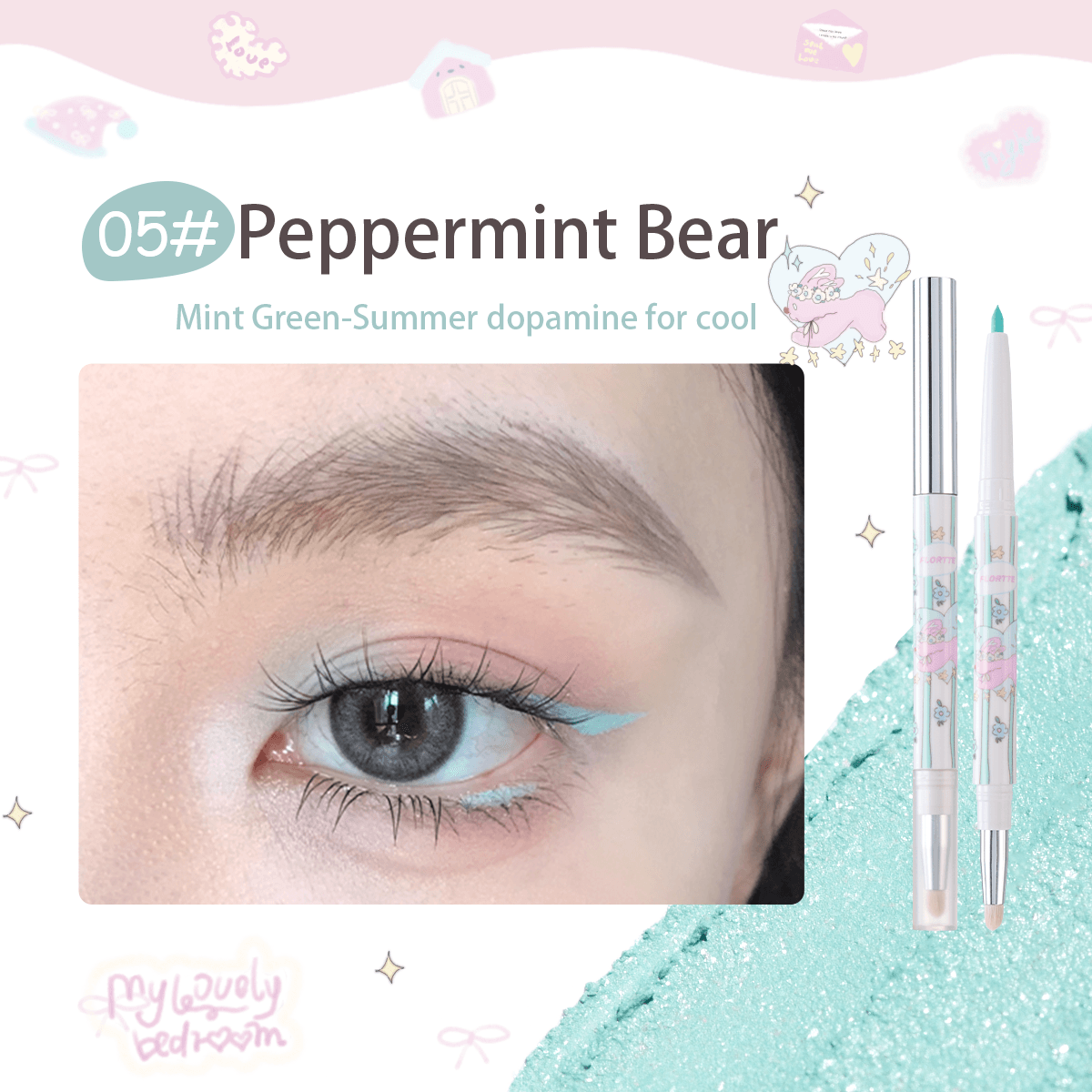 FLORTTE Glitter Eye Liner 200mg Bread Bear＆ Me Series Double-ended Gel Eyeliner Pencil Eyeshadow - Peachy Glam