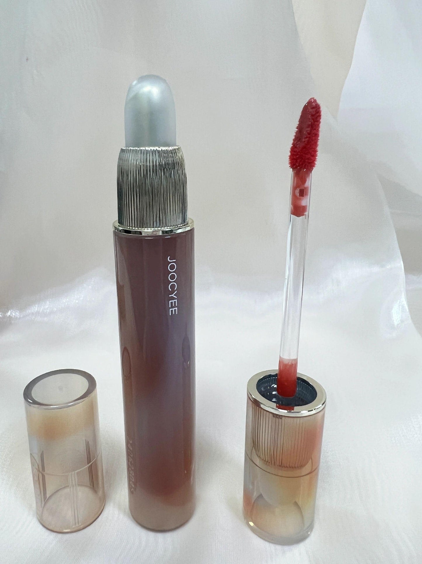 Joocyee Fluffy Matte/Glazed Lip Gloss 3.3g/3.2g Dual-head Amber Shell Velvet/Hydration - Peachy Glam