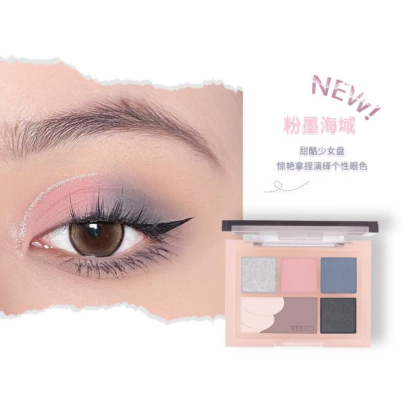 VEECCI Eyes Face Eyeshadow Palette 5-Color 5.2g/6.2g Pearlescent Glitter Matte Beginner K-pop Highlighter Blush Multi-purpose - Peachy Glam